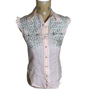 VtG 90s y2k floral Striped button up shirt women Country Cottage Pearl Snap But